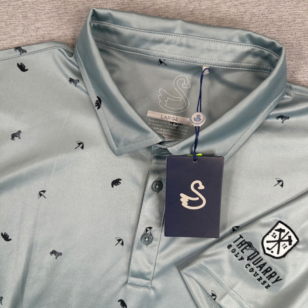 NEW Swannies Polo Shirt Mens Large Sage Green Bear AOP The Quarry Golf Course